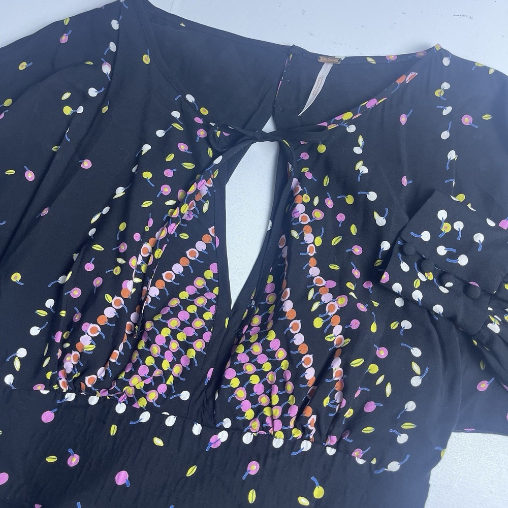 Free People Womens Coryn Mini Dress Size 2 Long Sleeve Boho Peasant Black Dot